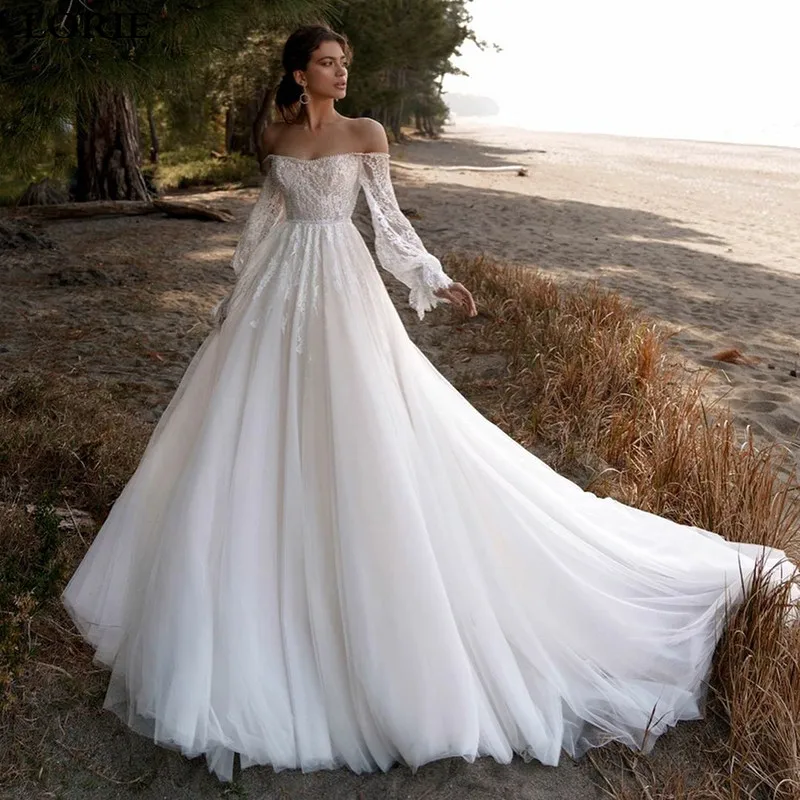 

LORIE Boho Wedding Dresses V-Neck Appliques Lace A-Line Tulle Wedding Gown Puff Long Sleeve Bridal Dress bestidos de novia 2023