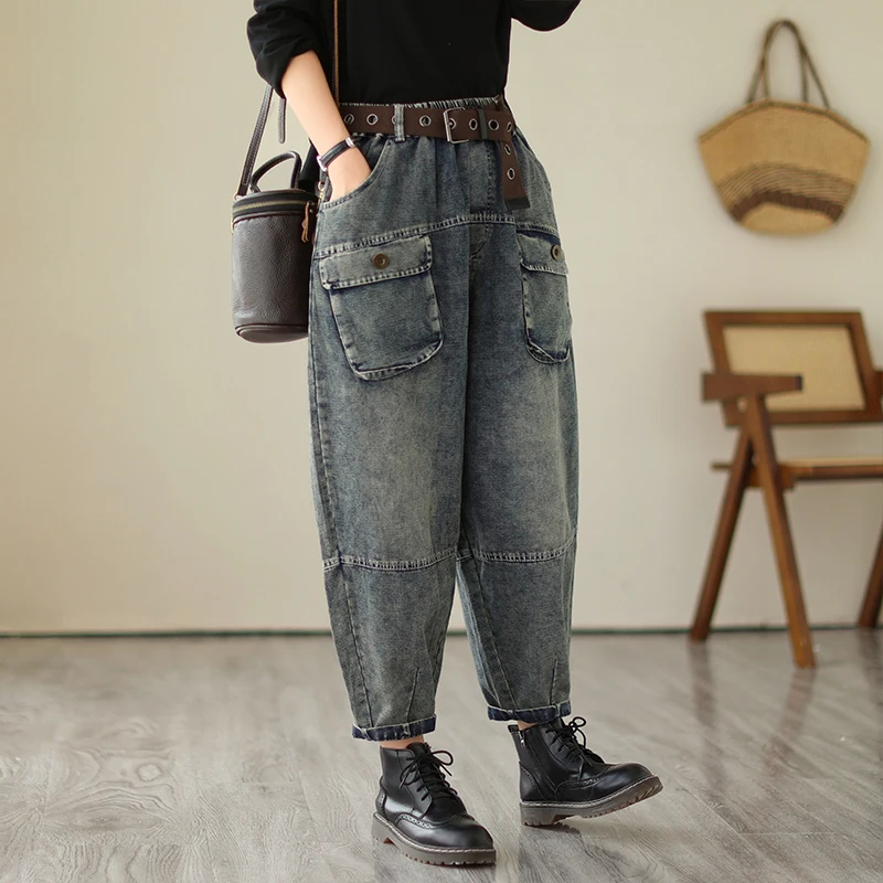 Retro 3D ket Denim Harem Pants Women's Spring Summer New Faion Casual Elastic Waist Loose Workwear Sle Blue Jeans