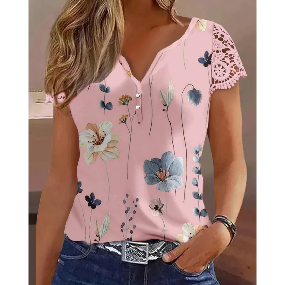 

Floral Print Summer Women Lace Patchwork Short Sleeve V-Neck Blouse Top Female Casual White Women Elegant Y2k Tops Traf Workwear