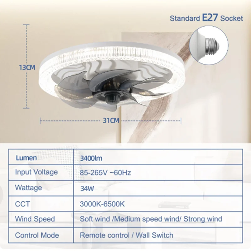 mart Remote Control Ceiling Fan with LED Lighting Ceiling Fan with Lights Remote Control E27 31cm Converter Base for Living Room