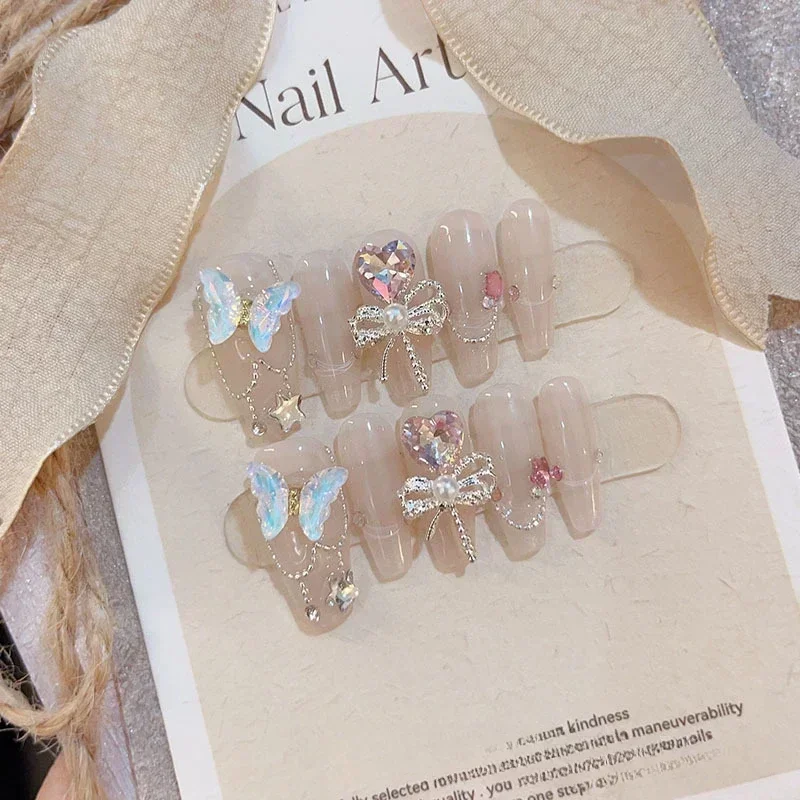 10pcs removeable ballet press on acrylic nails full cover gradient pink false nails with 3D charms handmade stick on nails long