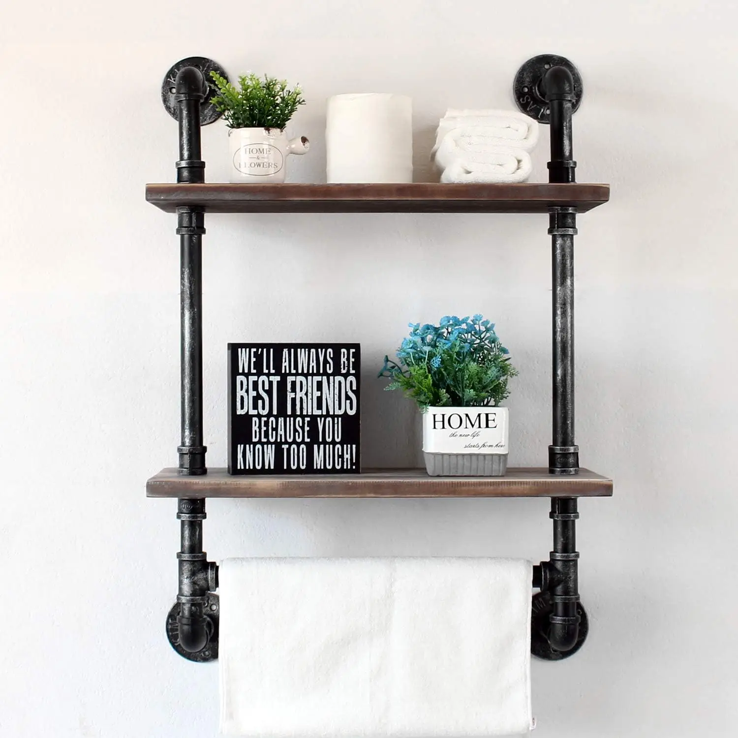 Industrial Pipe Shelf Bathroom Shelves Wall Mounted Rustic Wood Shelf with Towel Bar Farmhouse Towel Rack Over Toilet 4