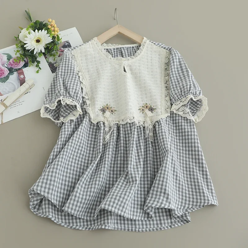 Summer Sweet Mori Girl Lace Floral Embroidery Plaid Patchwork Shirt Women Short Sleeve Casual Loose Cotton Linen Blouse Tops
