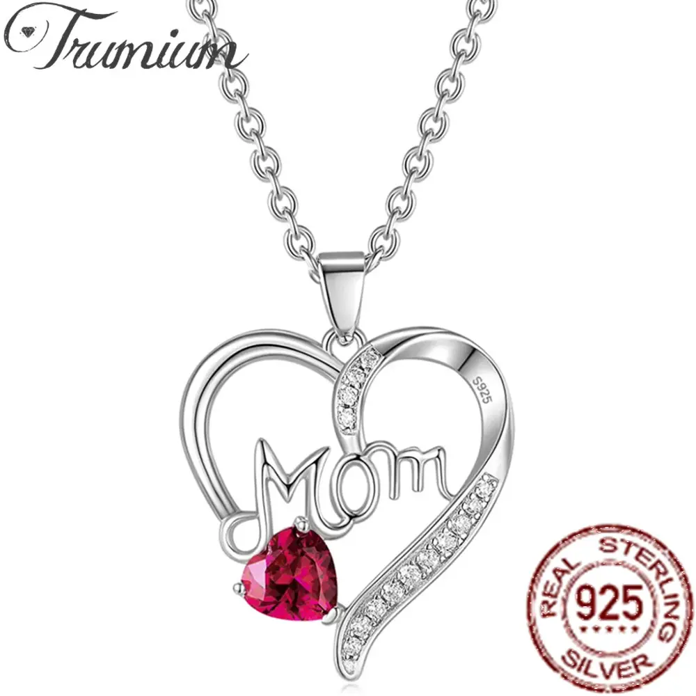 

Trumium 925 Sterling Silver Love Heart Necklaces for Women Mom Ruby Heart Pendant Necklace Birthday Gifts Fine Jewery Women Wife