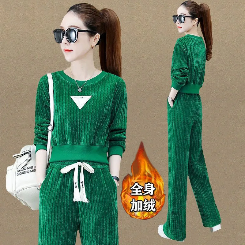 

Fleece-lined Thickened Sportswear Suit Women's Autumn and Winter New Hoodie Loose Oversized Long Sleeves Casual Two-Piece Suit W