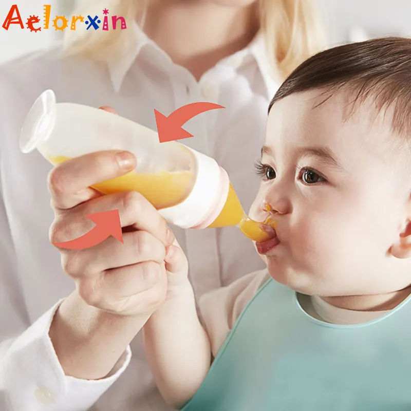 

90ml Safe Silicone Baby Bottle with Spoon Food Supplement Rice Cereal Bottles Squeeze Spoon Milk Feeding Biberones Water Bottle
