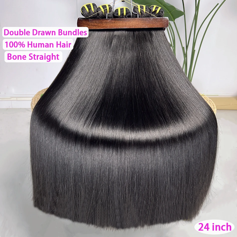 Super Double Drawn Bundles Bone Straight Human Hair Double Weft Unprocessed Raw Virgin Hair Weave Extensions #1B Natural Color 1