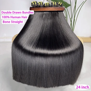 Super Double Drawn Bundles Bone Straight Human Hair Double Weft Unprocessed Raw Virgin Hair Weave Extensions #1B Natural Color 1