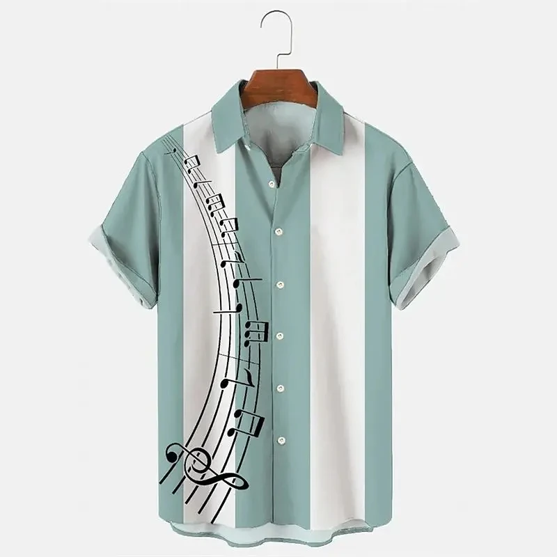 thumbnail image 1 of Camisa de verano para hombre 2024, camisetas hawaianas de manga corta con estampado de notas musicales para niños y niñas, camisetas de viaje para la playa, ropa informal con solapa, 1 of 5