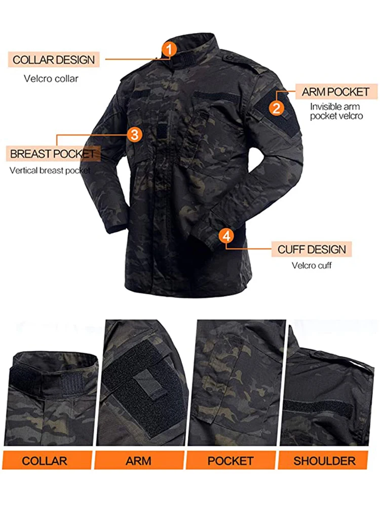 ACU Police Durable Security Uniform Tactical Military Suit Black Camouflage Army Training Jacket and Pants