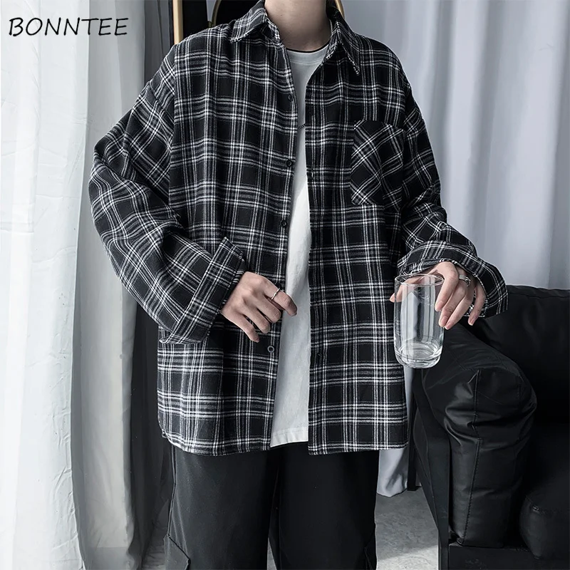 Men Shirts Oversized Cotton Plaid Shirt Button Up Hip Hop Long Sleeve Tops Korean Harajuku Mens Clothing Casual Vintage Ulzzang