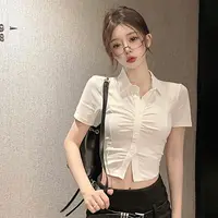 Slim Fit ort Sve irt Collar T-irt Women's Summer New Sle Pure Desire Hot Girl Belly Button Exposure Waist Cinching...