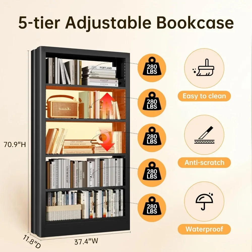 5-Tier Bookcase with Adjustable Storage Shelves, Metal Bookshelf with Book Stopper, Bookcase Shelf for Library, Office 2