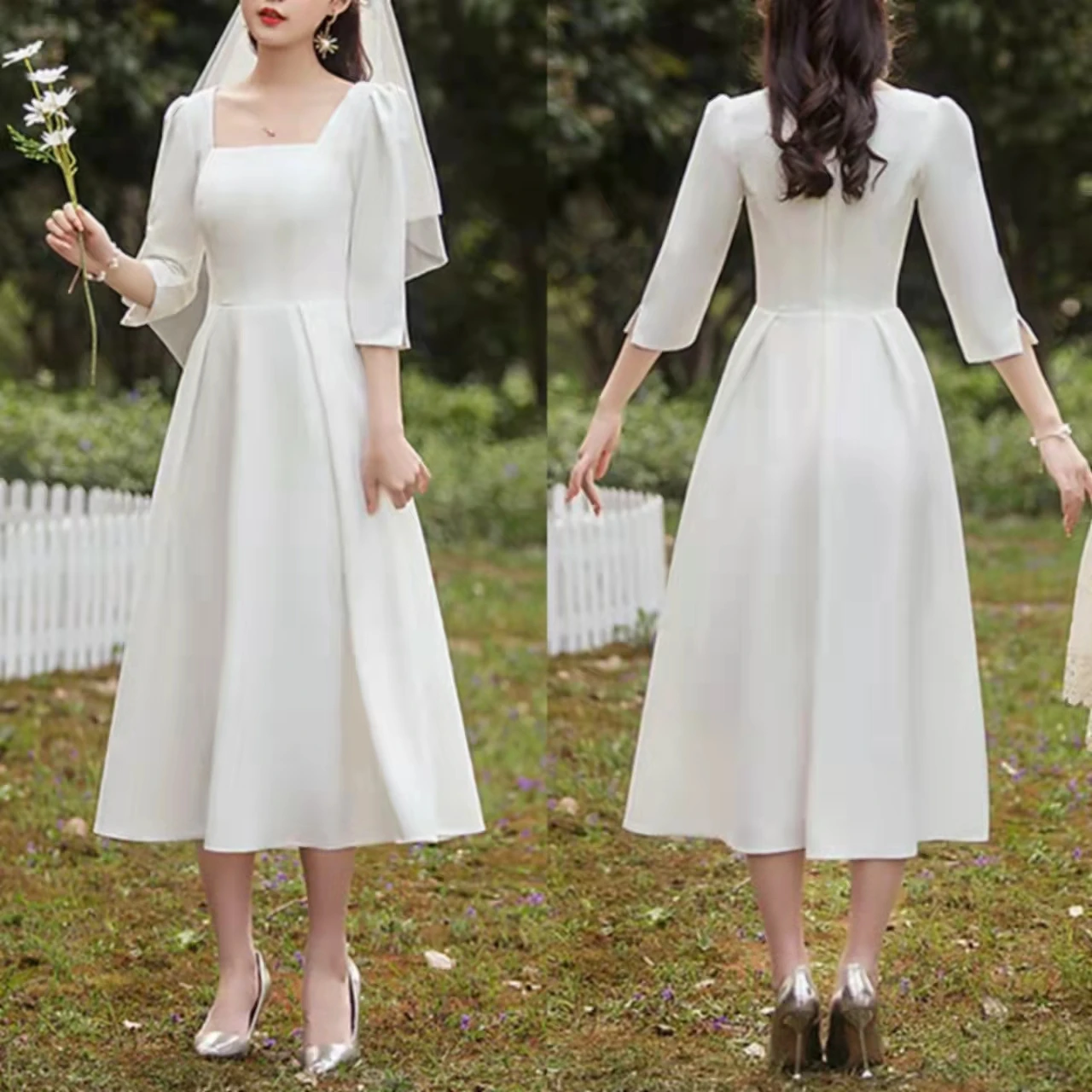 

Elegant Short Satin Wedding Dresses With Pockets A-Line Sqaure Collar Tea Length vestido de novia Bridal Gowns Simple for Women