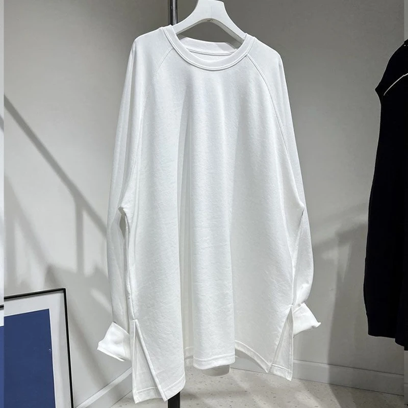 

Spring Autumn Solid Color Fashion Long Sleeve T-Shirts Women High Street Casual Loose Crew Neck Asymmetrical Mid-length Pullover