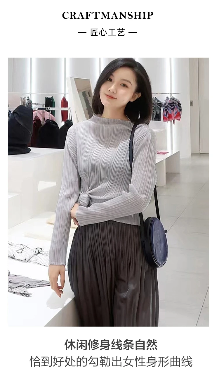Miyake Pleated Half-high Neck Long-sleeved Women's T-shirt Slim Inner Head Set Classic Solid Bottoming Shirt Top 2025 Autumn New