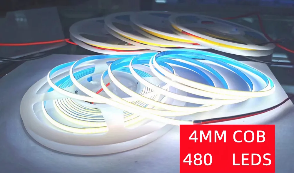 4mm Narrow COB LED Strip Lights 12V 24V 480LED Warm Cool White Light Bar Flexible Ribbon Diode Tapefor Car Wall Room Decoration