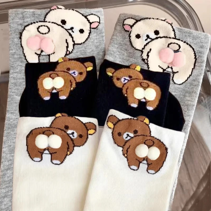 Creative Funny Cartoon Bear Butt Egg Socks Women Cotton Blend Mid Tube Socks Cute Animal Print Novelty Crew Stockings Socks