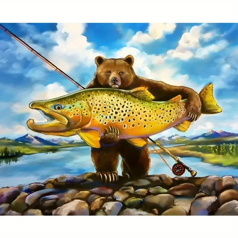 

5D DIY Artificial Diamond Painting Mosaic Animal Fishing Brown Bear Diamond Embroidery Room Decoration Diamond Cross Stitch Suit