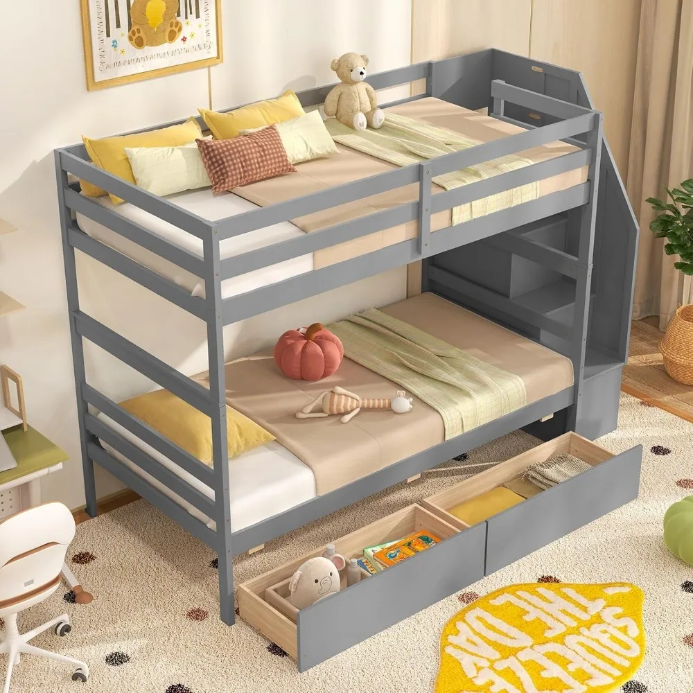 Solid Wood Bunk Bed with Full-Length Guardrails, Convertible to 2 Beds, Children Beds 2