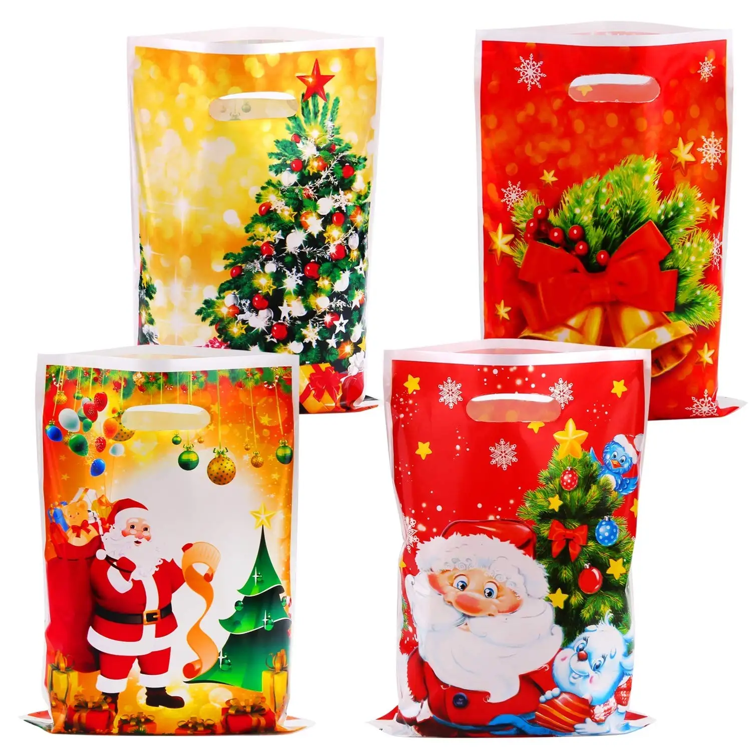 

20pcs Christmas Treat Candy Gifts Bags with Handles for Xmas Presents Sweets Santa Goody Plastic Bags Supplies