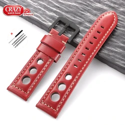 Vintage Brown Cowhide Leather Watch Strap with Pin Buckle - Unisex Wrist Band - 26mm (Red - black)