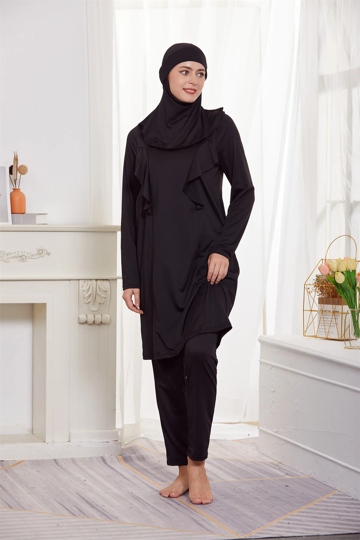 Modest Islamic Swimwear Arab Full Cover Swimsuits Sports Beach Wear Muslim Women Black Dress Burkinis Bathing Wear 3 Pcs Sets