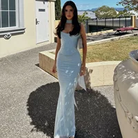 Mingmingxi Elegant Maxi Wedding Guest Dress Set Sexy Strapless Blue Cropped Top Set Bodycon Holiday Party Dresses Women 1
