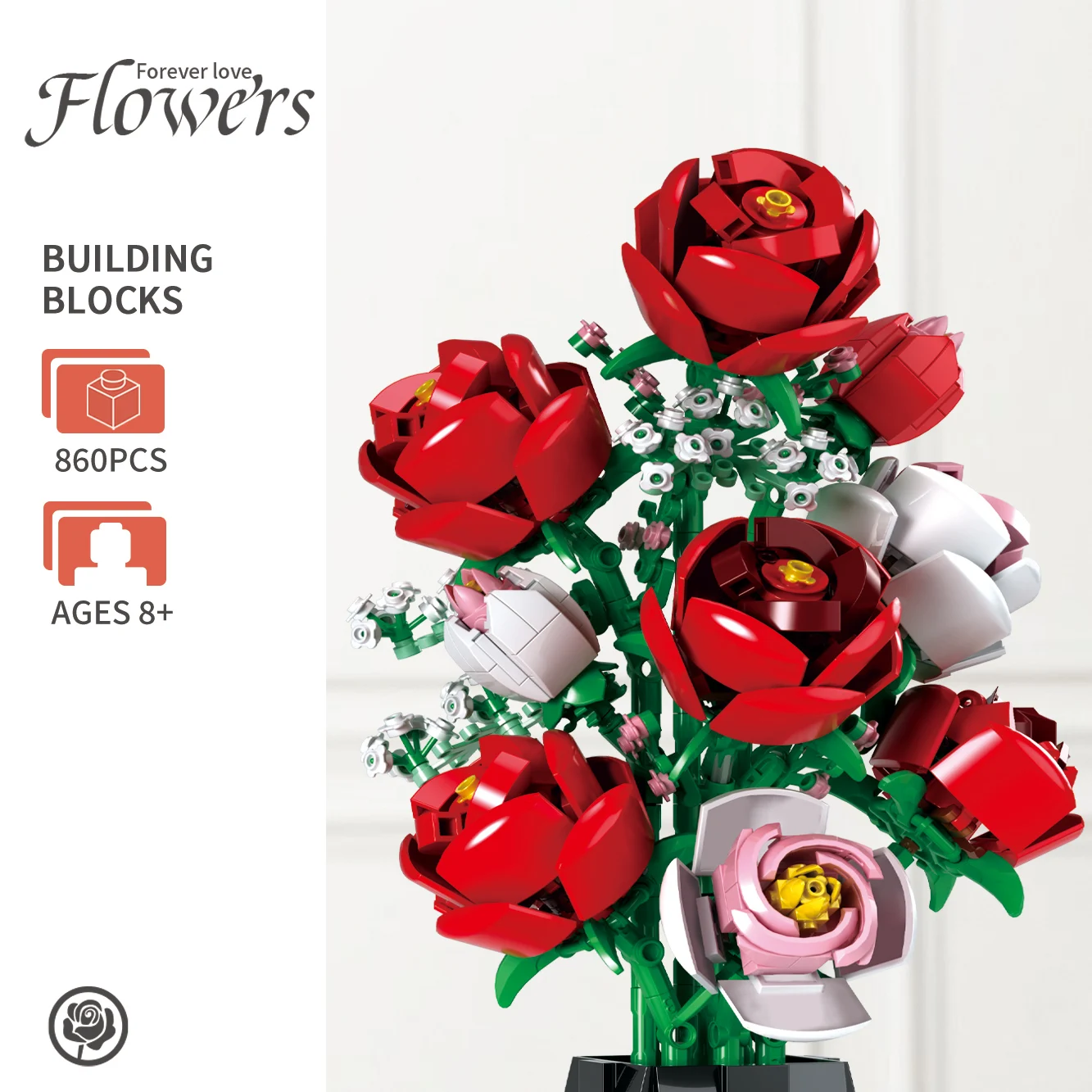 Rose Flowers Bouquet Building Set (860 PCS)-Artificial Flowers with Vase Home Decor Roses Flower Toys Building Set