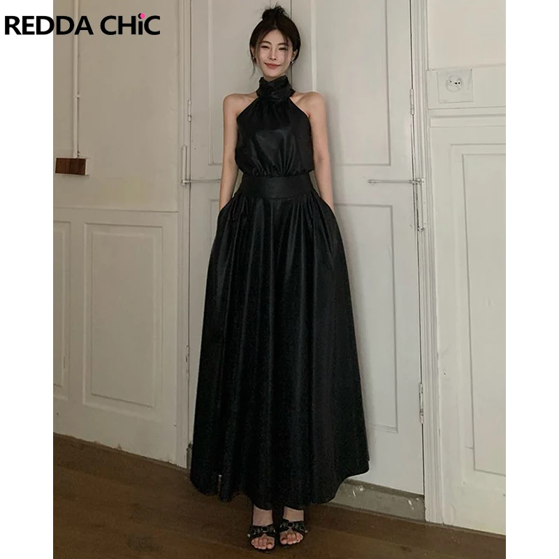 

Женский кожаный топ и юбка ReddaChic, комплект из 2 предметов, водолазка без рукавов, топ с лямкой на шее, длинная юбка-баллон, уличная одежда в стиле Харадзюку