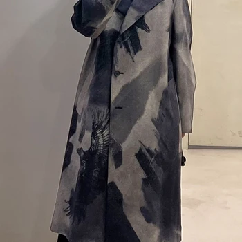 Beksinski 잉크 아트 까마귀 울 코트, 요지 야마모토 스타일 재킷 코트, 긴 코트, 남성 의류, 유니섹스 빈티지 코트