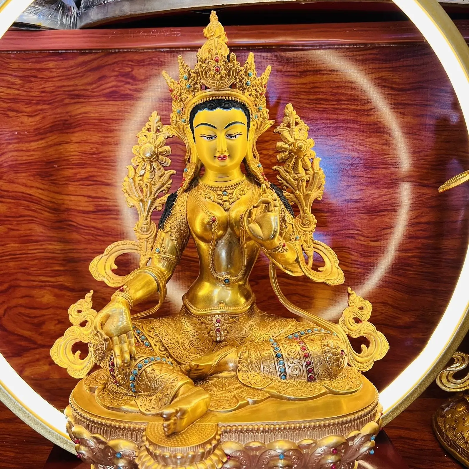 Green Tara Bodhisattva bronze statue pure copper ornament boutique Tibetan tantra Buddha statue home one foot gilt carving 5