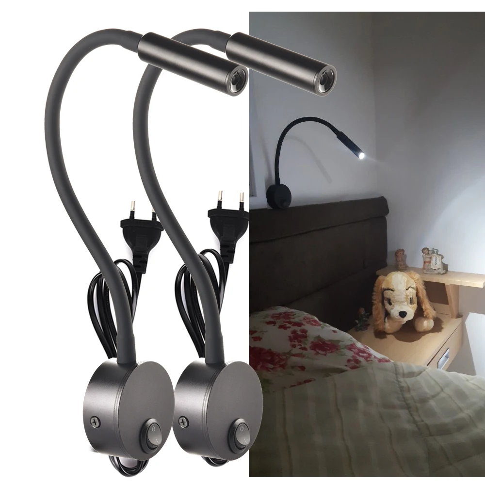 LED Wall lamp 3W For Bedside Study Reading Book Lamp Black Silver White wall light EU US Plug Cord 2pcs led wall lamp,wall sconces light,wall lamp
