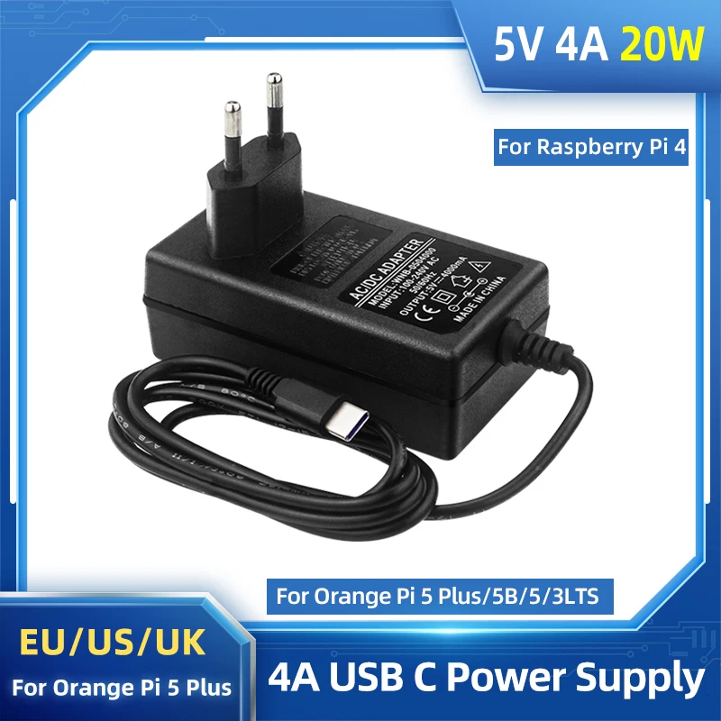 Orange Pi 5 Plus zasilacz 5V 4A ładowarka 20W zasilacz rodzaj USB C EU US UK wtyczka do OPI 5/5B/4 LTS Raspberry Pi 4B