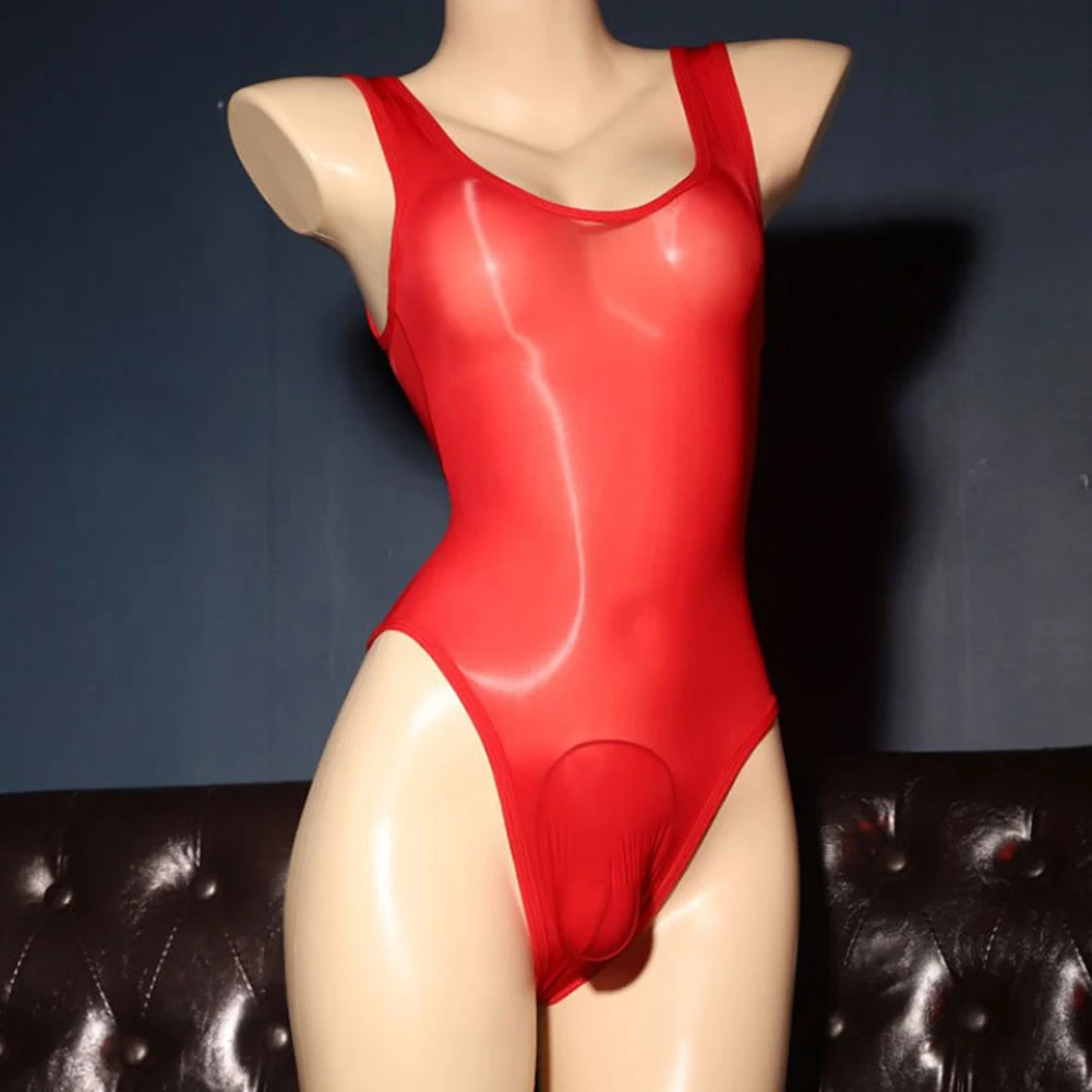 Men's Fully Transparent Oily Glossy Swimsuit Sexy Leotard Sleeveless Fitness Singlet Breathable Elastic Bodysuit Gay Temptation