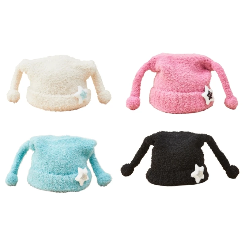 

New Y2K Furry Hat Devil Pink Knitted Star Hat Slouchy for Women