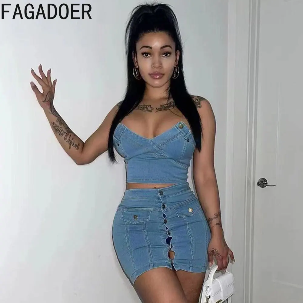 FAGADOER Sexy V Neck Denim Skirt Two Piece Sets Women Sleeveless Crop Top And Mini Skirts Outfits Fashion Cowboy 2pcs Streetwear