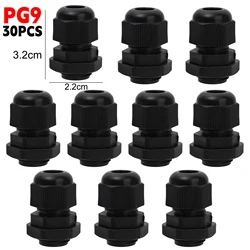 Waterproof IP68 Nylon Plastic Cable Gland with Adjustable Locknut and Strain Relief (Black - PG9 30PCS)