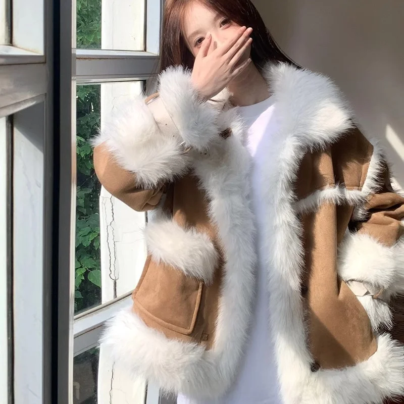 2025 New Imitation Fox Fur Fur Integrated Lamb Cashmere Splicing Thickened Fur Collar Fur Coat For Women's Winter Fur Coat Pink