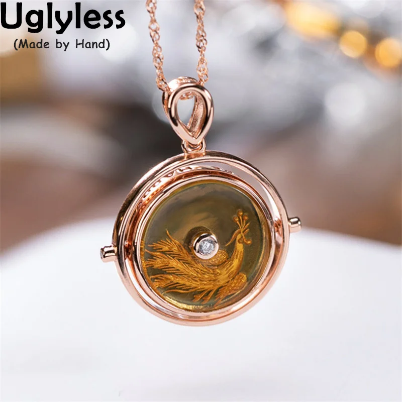 

Uglyless 360 Degrees Spinning Blue Amber Medal Pendants for Women Noble Phoenix Necklaces Rose Gold Animals Jewelry 925 Silver
