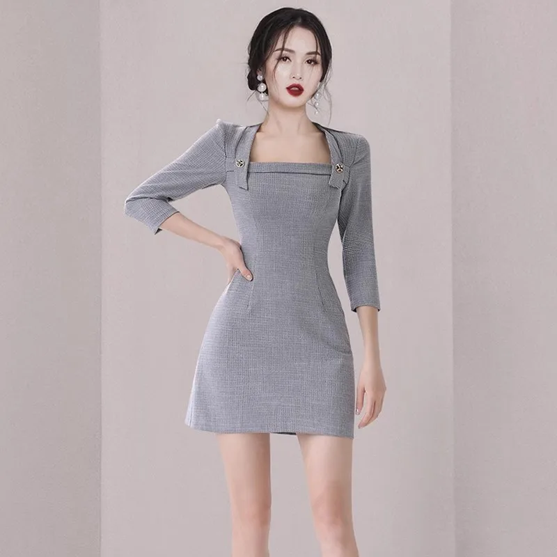 

2024 Spring Houndstooth Office Ladies Mini Dress Fashion Women Square Collar Plaid Three-Quarter Sleeve Bodycon Short Vestidos