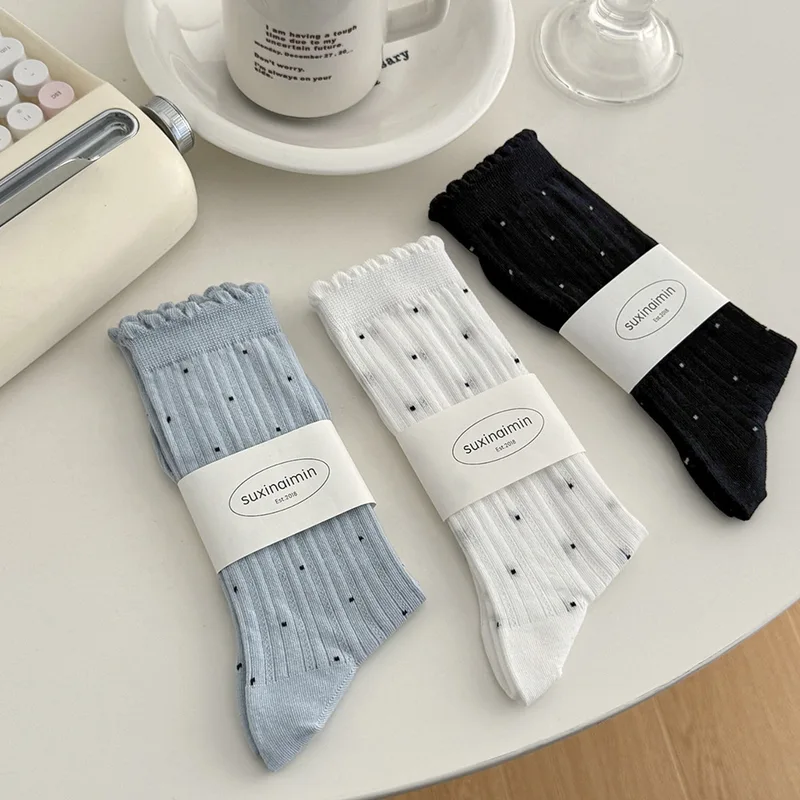 Summer Thin Polka Dot Women Socks Retro Harajuku Cotton Crew Socks Women Girl Fashion Soft Comfortable Japanese Kawaii Cute Sox