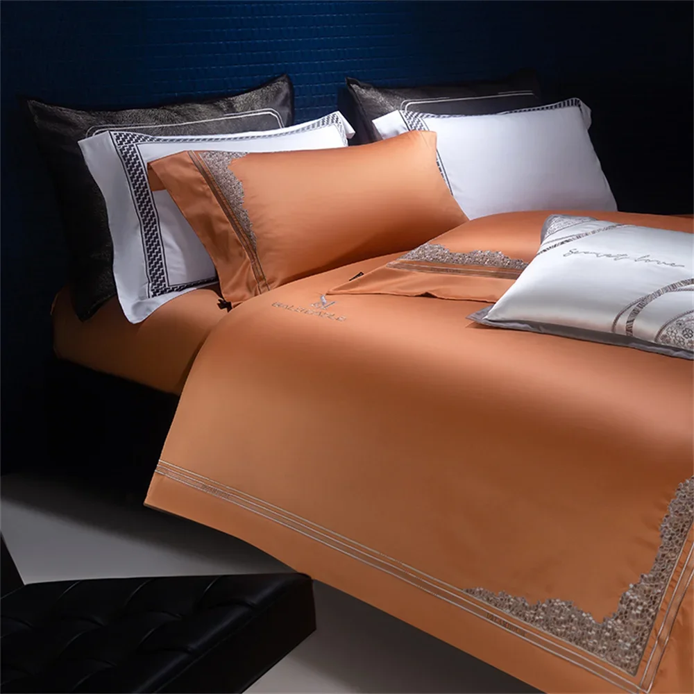 Svetanya Orange Egyptian Cotton Satin Jacquard Embroidery bedding set King Queen Bed Lines Elastic Sheet Pillowcase Duvet Cover - Image 6