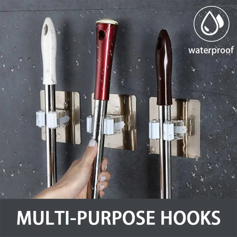 Bathroom Kitchen Multi-Purpose Hooks Mop Organizer Holder Rack Punch-free