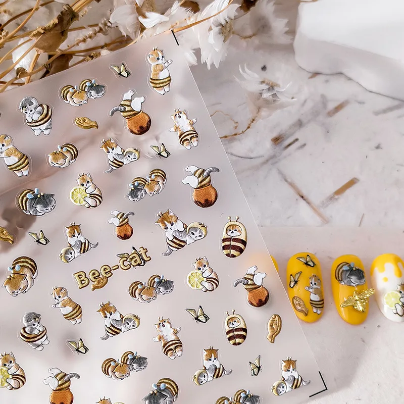 1 Sheet 5D Realistic Relief Cute Lovely Naughty Bee Baby Cat Adhesive Nail Art Stickers Decals Manicure Charms Accessories