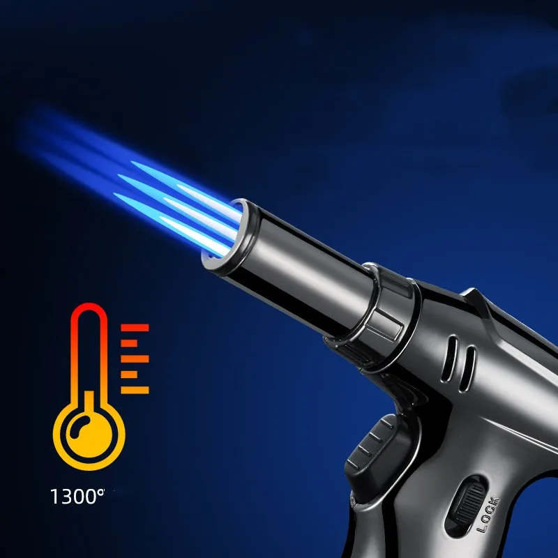 2023 New Metal Windproof Turbo Torch Straight Flush Blue Flame Butane Gas Lighter Outdoor Camping Kitchen Barbecue Welding Gun