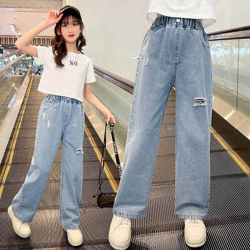 

Girls Jeans 2024 New Spring Summer Children Pants Casual Loose Girls Cowboy Straight Trousers Stylish Kids Ripped Pants