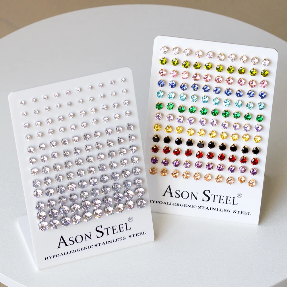 60Pairs/Lot Stainless Steel 3-8MM Clear Round Crystal Zircon Stud Earrings 4/6 Prong Tragus Cartilage Piercing Jewelry Wholesale