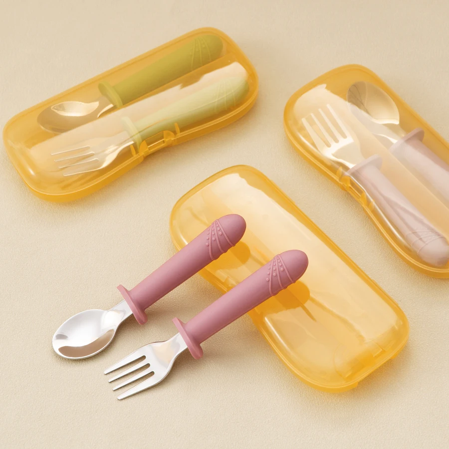 2PCS Baby Silicone Stainless Steel Spoon Fork Portable Baby Utensils Feeding Training Tableware Children's Cutlery