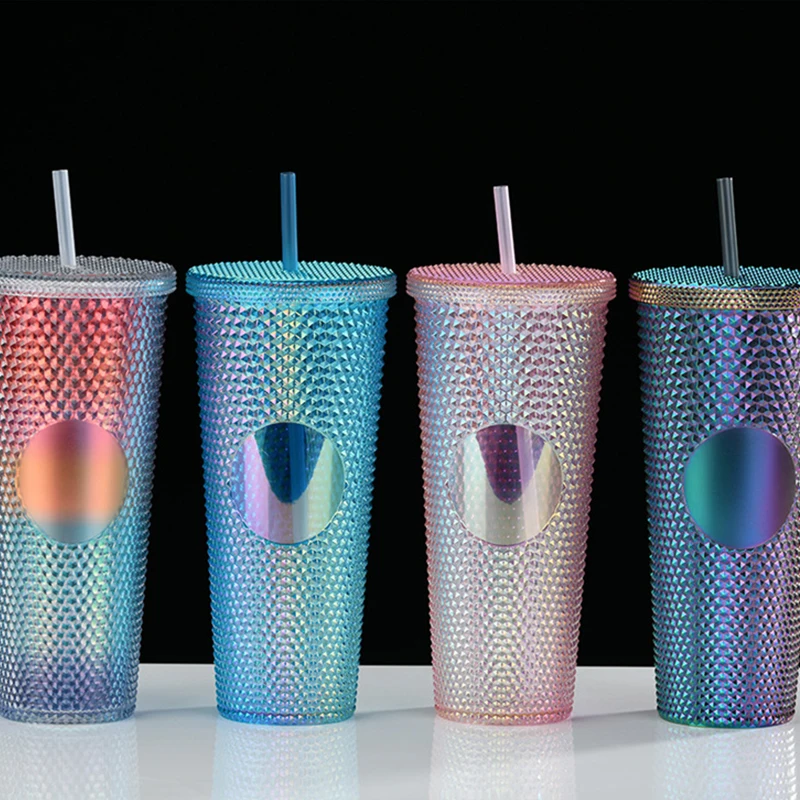 24Oz Matte Glow Inlaid Cup Plastic Coffee Cups With Straw Lids Double Wall Gradient Durian Cup Large Capacity Drinking Cup